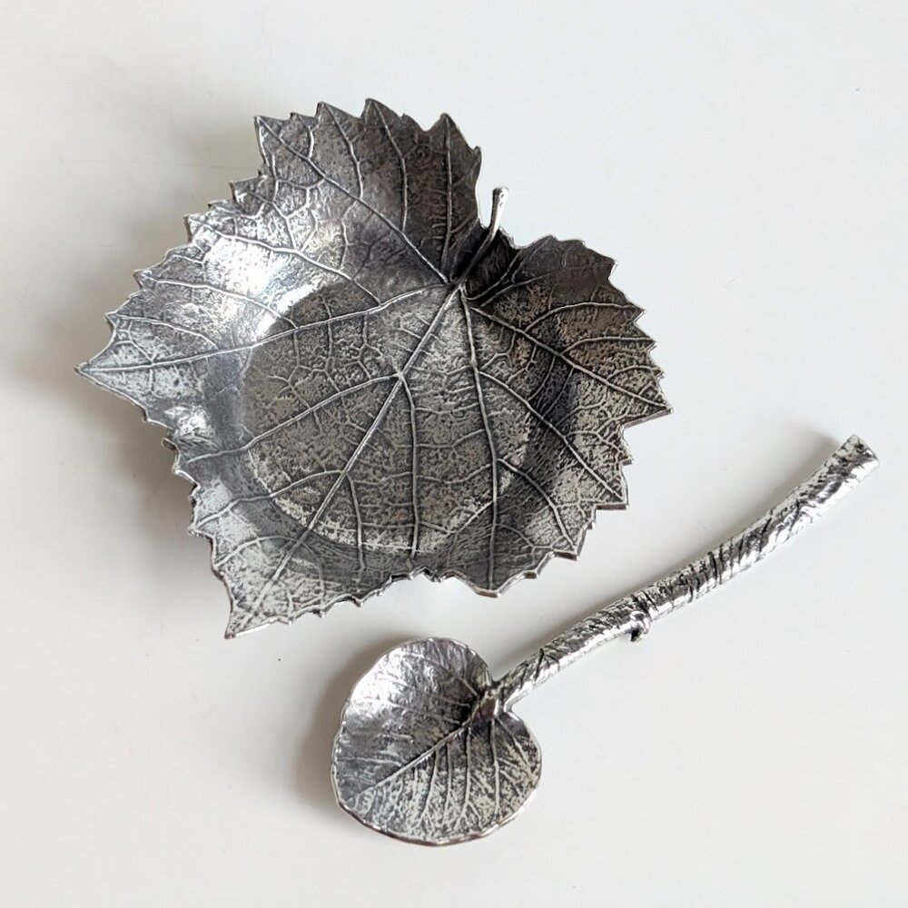 Vintage Clay Company USA Hand Cast Pewter Grape Leaf Salt Cellar With Spoon
